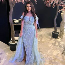 Side Split Pleat Sheath Evening Dresses With Detachable Train Sequin Gala Celebrity Gown Off The Shoulder Saudi Arabic Formal Gowns