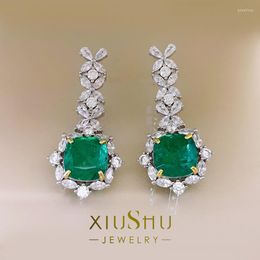 Stud Earrings 5 Carat Artificial Colombian Emerald 925 Sterling Silver Gold Inlaid Gem E051 Long