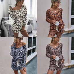 Women's Tracksuits AVV Spring Women Clothing Fashion Leopard Printed Two Piece Lounge Set Long Sleeve Top And Shorts Casual Comfortable