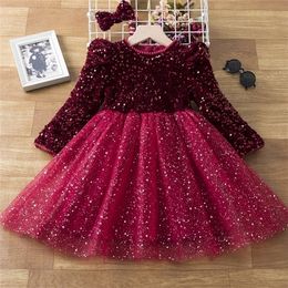 Girls Dresses SpringAutumn Long Sleeve Sequined Shiny Dress For Kid Year Tulle Cloth 2 Pcs Children Birthday Party Princess Vestido 221107