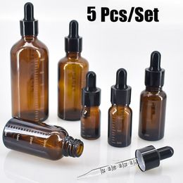 5Pcs/set Dropper Bottles with Scale 5ml-100ml Reagent Eye Drop Amber Glass Aromatherapy Oils Liquid Perfume Pipette Bottle Refillable Bottles for Travel