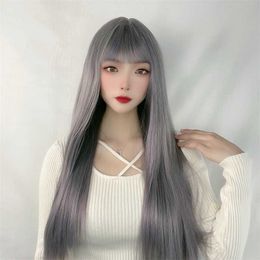 Hair Lace Wigs Tiktok Same Wig Female Long Air Bangs Straight Hair Net Red Costume Changing Performance Props Chemical Fibre Headgear