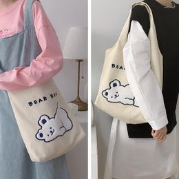 Evening Bags Women Cute Bear Shoulder Bag Simple Canvas Handbag Tote Embroidery Design Books Cloth Fabric Shopping For Ladies