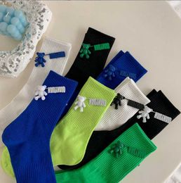 Socks Hosiery Black and White Pure Colour Tube Female Pin Bear Lovely Personality Tide INS Korean dents Long Cotton T221102