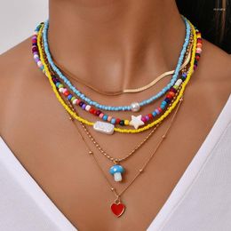 Choker ALYXUY Multi-layer Mushroom Heart Pendant Seed Beads Strand Necklace Women String Beaded Short Pearl Jewellery Accessories