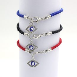 Lucky Blue Evil Eye Ball Rhinestone Eyes Charm PU Leather Braided Rope Bracelet Wrist Bangle Women Gifts New Lucky Jewelry