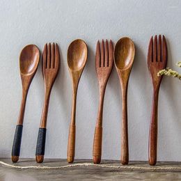 Dinnerware Sets Natural Wooden Spoon & Fork Dinner Kit Rice Soups Utensil Cereal Handmade Home Tableware Cutlery For Kitchen