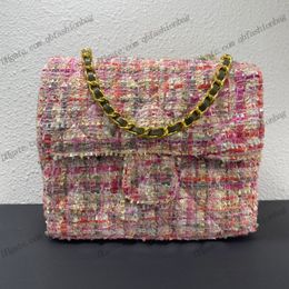 22F/W Tweed Flap Crossbody Bags Cheque Embroidery With Pink Green Classic Goldtone Metal Hardware Chain Purse Shoulder Wallets French Designer Handbags 17x14.5x7.5CM