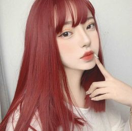 Hair Lace Wigs Wig Female Clavicle Hair Medium Long Straight Net Air Bangs Repair Face Wine Red Chemical Fibre Headgear