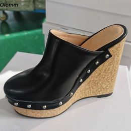 Olomm Handmade Women Platform Mules Sandals Sexy Rivets Wedges Heels Round Toe Elegant Black Cosplay Shoes US Plus Size 5-20