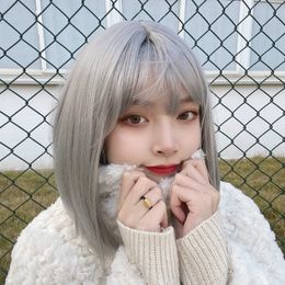 Hair Lace Wigs League Style Wig Short Straight Cartoon Bangs Sier Gray Bobo Tail One Knife Qi ita Fake Hair Female