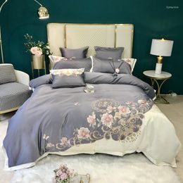 Bedding Sets Chic Embroidery Blossom White Grey Patchwork Duvet Cover Luxury Silk Satin Cotton Soft Set Bed Sheet Pillowcases