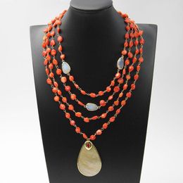 Pendant Necklaces GuaiGuai Jewelry 4 Rows Orange Coral White Opal Crystal Necklace Natural Yellow Shell Gold Color Handmade For Women
