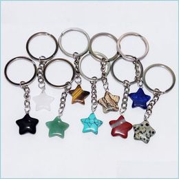 Keychains Lanyards Star Shape Reiki Healing Natural Stone Keychains Chakra Pink Green Black Agate Key Rings Keyrings Women Men Jew Dhudw