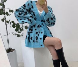 Women's Sweaters V-neck Leopard Print Waist Tie Knitted Cardigan Soft Gentle Oversized Sweater Single Breasted Sweaters