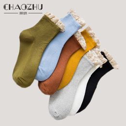 Socks Hosiery CHAOZHU Japanese Korea Kawaii Lace Top Rib Cotton Women Socks Casual Solid Colors Classic Lolita Dress Accessories Footwear Sox T221102
