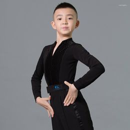 Stage Wear Fashion Latin Dance Costumes For Boys Black Long Sleeve Stitching Velvet Shirts Ballroom Chacha Practise DN7118