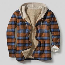 Men's Jackets Men Autumn And Winter Plaid Pocket Hooded Padded Loose Shirt Top Jacket Coats