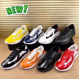 Pradity Luxury Americas Cup Designer Sneakers Casual Men Shoes Classics Patent Leather Nylon Upper Rubber Yellow High-top low Outdoor Walking Tongue