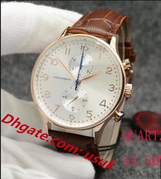 Mens Watch Rose Golden Case Chronograph Sports Battery Power Limited Silver Dial Quartz Professional Wristwatch Folding clasp Men Watches Leather Strap