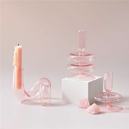 Candle Holders Pink Glass Taper sticks Wedding Table Centerpieces Nordic Home Decoration 221108