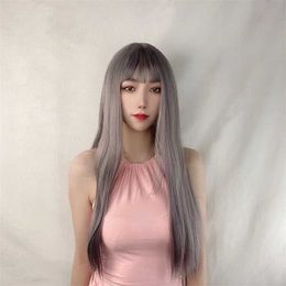 Hair Lace Wigs Korean Wig Women's Air Bangs Long Straight Hair Chemical Fiber Head Cover