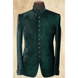 Men's Suits Green Velvet Mandarin Collar Men 2 Pieces Groom Wedding Formal Wear Prom Tuxedos Man Blazer Custom Made Terno Masculino