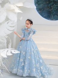 Gold Sequined Flower Girl Dresses For Wedding blue Lace Long Sleeves Toddler Pageant Gowns Appliqued Ball Gown Kids Prom Dress