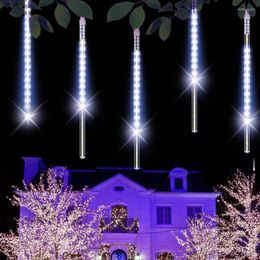 Strings Christmas Lights Meteor Shower Rain 8 Tube 192 LED Waterproof Plug In Falling Fairy String Light For Xmas Tree Party