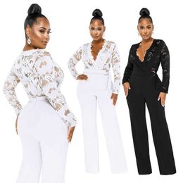 Women Clothes Jumpsuit New Fashion Sexy Casual Leggings Slim Fitting V-neck Lace Hollow Out Black Jumpsuits Ladies Bodysuit S-2XL