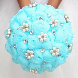 Decorative Flowers Classic Baby Blue Silk Rose Wedding Bouquets Handmade Bridal Bridesmaid Polyester Holding W3001