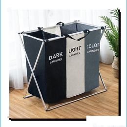 Storage Baskets Foldable Dirty Laundry Basket Organizer Xshape Printed Collapsible Three Grid Home Hamper Sorter Large T200115 Drop Dhmam