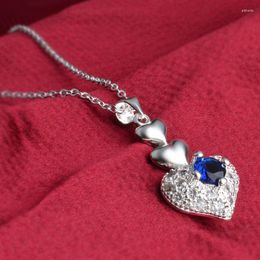 Chains 925 Sterling Silver Necklace For Women/Girls Wedding Party Beautiful Love Heart Design With Shiny Blue Cubic Zircon
