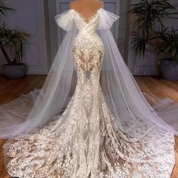 Illusion Sexy Bodice Mermaid Wedding Gowns Sheer Jewel Neck Short Sleeves Off Shoulder Lace Mor Pears Beaded Bridal Dress Vestidos De
