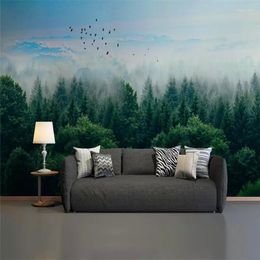 Wallpapers Decorative Wallpaper Nordic Minimalist Style Mist Forest Remote Mountain Birds Background Wall