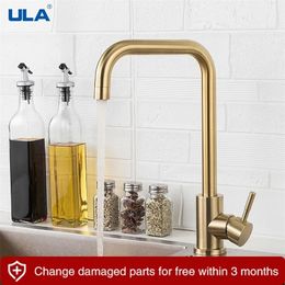 Kitchen Faucets ULA Brushed Gold Stainless Steel 360 Rotate Faucet Deck Mount Cold Water Sink Mixer Taps Torneira 221109