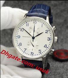 Mens Watch Chronograph Sports Battery Power Limited Watchs Silver Dial Quartz Professional Wristwatch Folding clasp Men Watches Blue Leather Strap original box