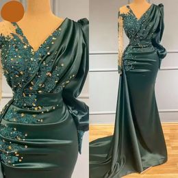 Dark Green V Neck Evening Dresses Party Wear Satin Crystal Long Sleeves Mermaid Prom Dress Custom Made Women Formal Gowns Occasion