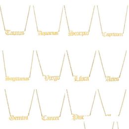Pendant Necklaces 18K Gold Plated Stainless Steel Horoscope Necklaces Old English Letter 12 Zodiac Sign Nameplate Necklace Drop Deli Dhvuc