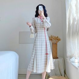 Ethnic Clothing Chinese Style Plaid Qipao Women Hanfu Dress Long Sleeve Cheongsam Autumn Vintage Vestido Chino Oriental Elegant MT838