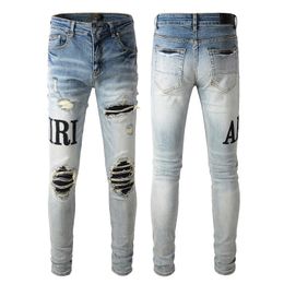 2022 Мужские джинсы Проблемные мотоциклетные байкерские джинсы Rock Skinny Slim Ripped Hole Letter TopQuality Brand Hip Hop Denim Pants