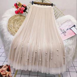 Skirts Both Sides Wear Pearls Mesh Skirt Women 2022 Summer Velvet High Waist Long Woman Solid Color A Line Pleated