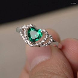 Wedding Rings Delicate Doubt Heart Shaped Vintage Green Cubic Zircon Women's Hollow Love Finger Ring For Enagement Anniversary