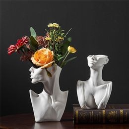 Vases Flowe Pot Creative Home Decor Side Face Figure Vase Decorative Crafts Display Unglazed White Northern European-Style 221108