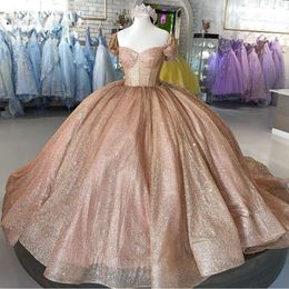 2023 Rose Gold Sequins Quinceanera Dresses Short Sleeves Sweetheart Neckline Ruffles Sweet 16 Birthday Party Prom Ball Gown Formal Evening Wear Vestidos