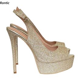 Rontic 2022 Handmade Women Glitter Sandals Sexy Stiletto Heels Peep Toe Gorgeous Gold Party Shoes Ladies US Size 5-20