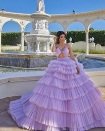 Exquisite Lavender Tulle Tiered Ruffle Evening Dresses 2023 Sexy Deep V Neck Beaded Sleeveless Formal Prom Party Gowns Robe De Soiree