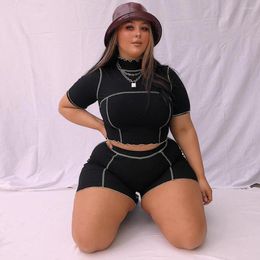 Tracksuits Plus Size Clothing 2 Piece Set Women Bodycon Super Stretchy Crop Top And Shorts Sets Casual Wholesale Drop FT225