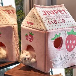 Cat Carriers Crates Houses Stberry Milk Banana Cat Bed House 201111 Drop Delivery Home Garden Pet Supplies Dh1Lt