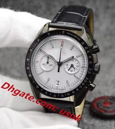 Mens Watch 44MM Quartz Chronograph Silver Dial Mens Watches Moonwatch Leather Band Dark Side of the Ring Showing Tachymeter Markings Wristwatches original box
